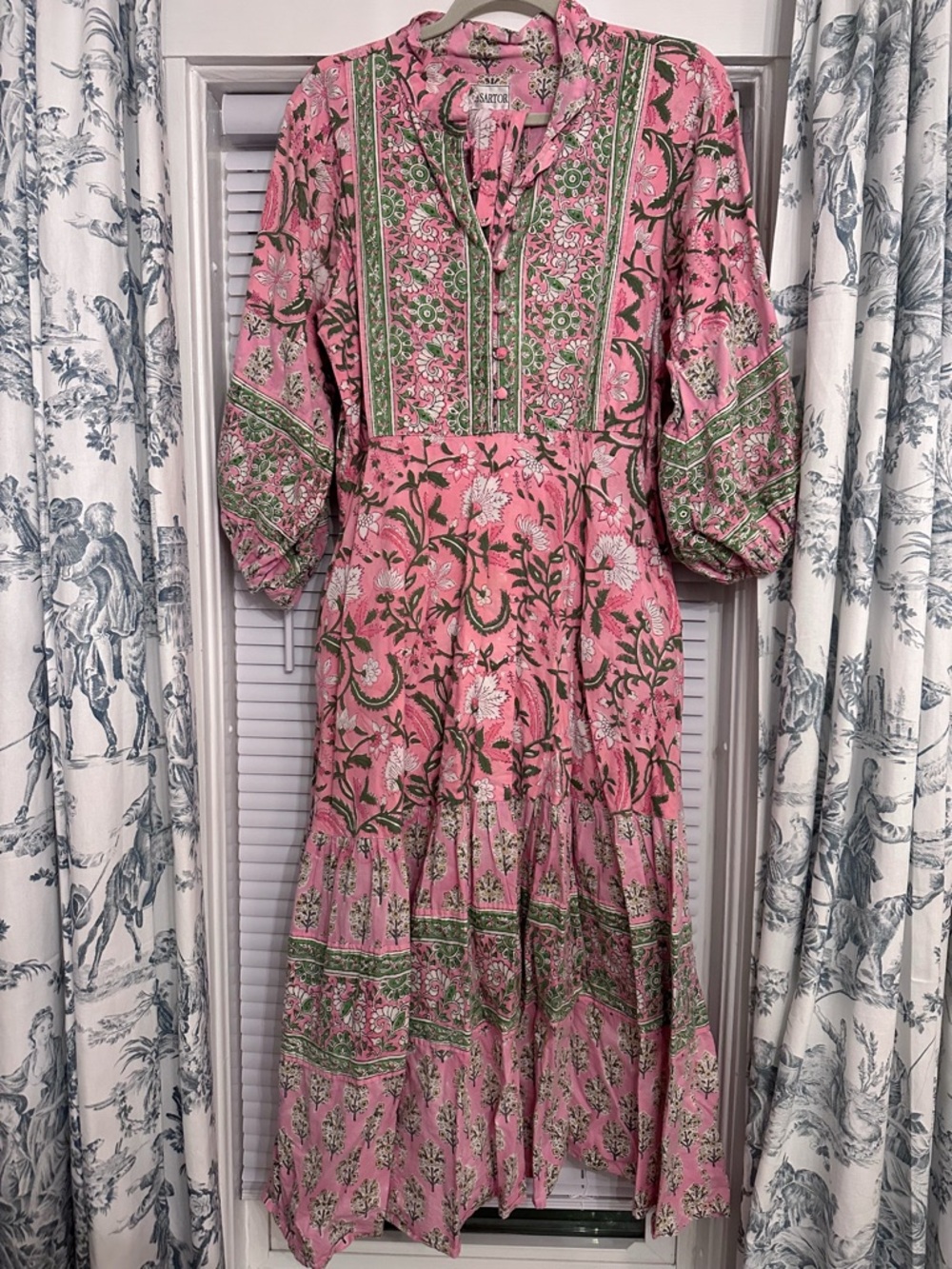 Sue Sartor Pink Floral Boho Midi Dress with Green Accents